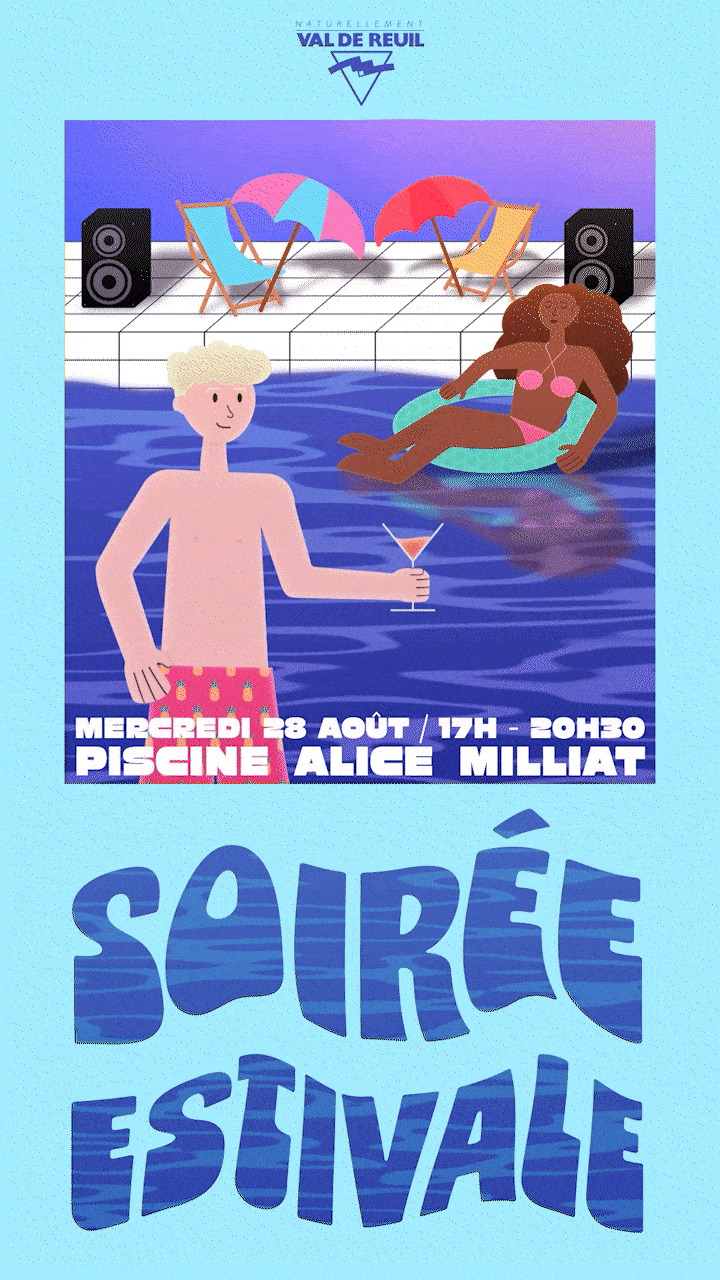 Illustration animée mettant en scène des personnages dans une piscine publique